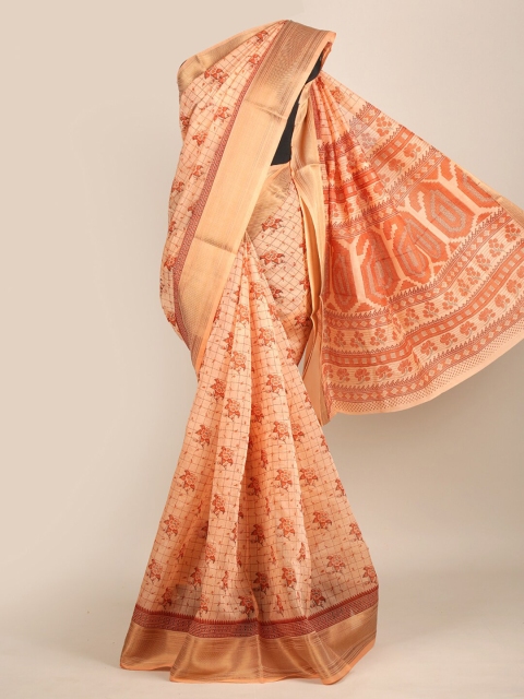 

Pothys Peach-Coloured & Orange Ethnic Motifs Chanderi Saree