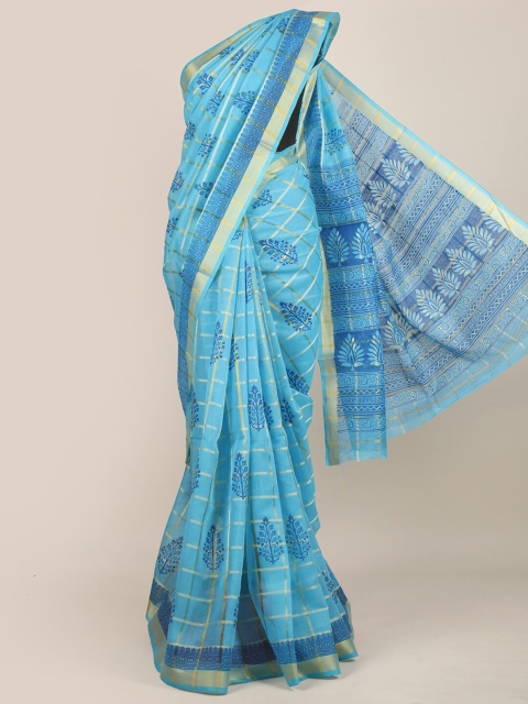 

Pothys Blue & Gold-Toned Ethnic Motifs Chanderi Saree