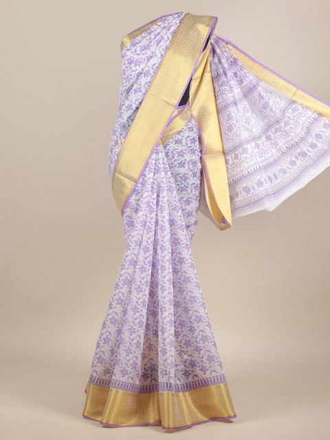 

Pothys White & Lavender Floral Chanderi Saree
