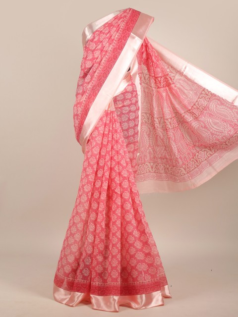 

Pothys Pink & Silver-Toned Ethnic Motifs Zari Chanderi Saree