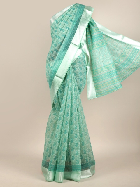 

Pothys Green & Silver-Toned Ethnic Motifs Chanderi Saree