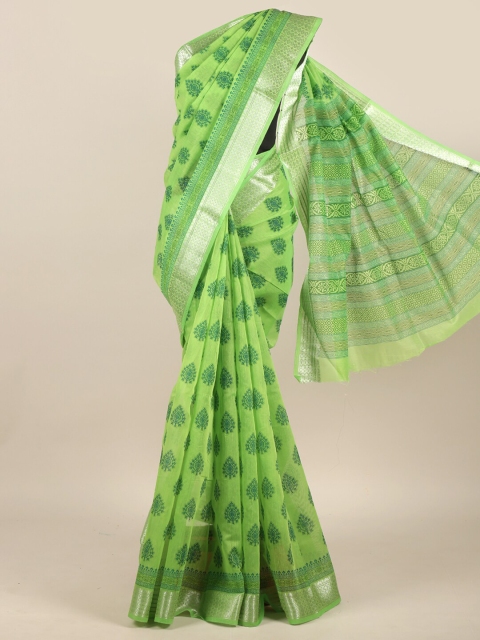 

Pothys Green & Silver-Toned Ethnic Motifs Zari Chanderi Saree