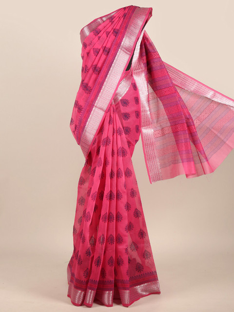 

Pothys Pink & Navy Blue Ethnic Motifs Chanderi Saree