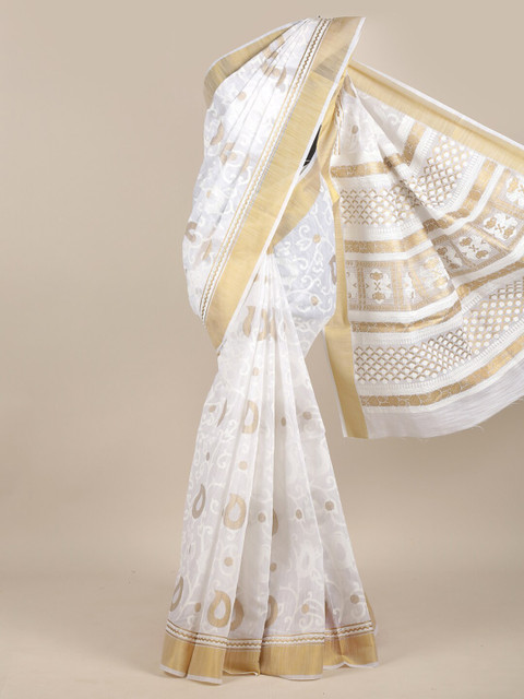 

Pothys White & Gold-Toned Woven Design Chanderi Saree