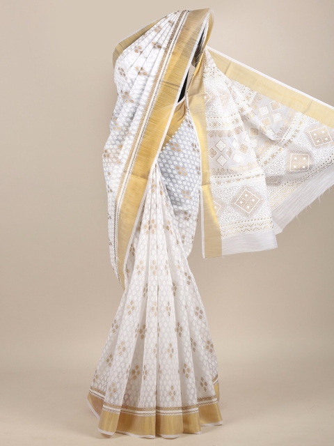 

Pothys White & Gold-Toned Ethnic Motifs Chanderi Saree
