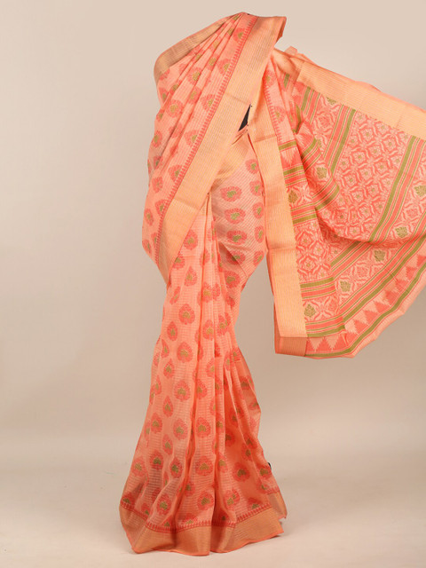 

Pothys Peach-Coloured & Green Ethnic Motifs Zari Chanderi Saree