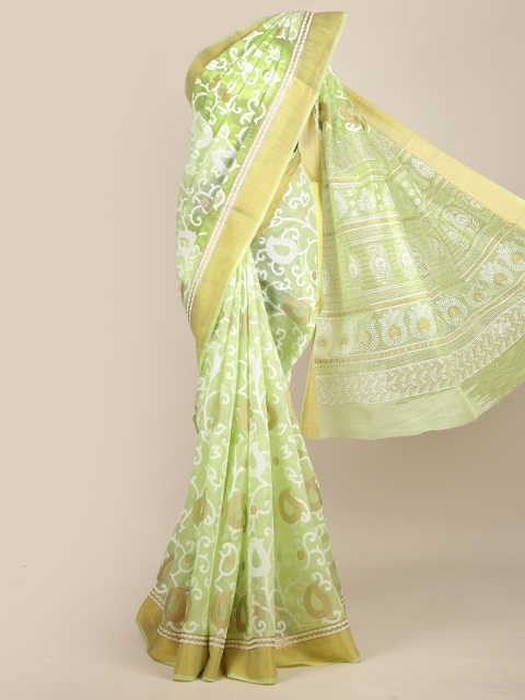 

Pothys Green & Off White Ethnic Motifs Zari Chanderi Saree