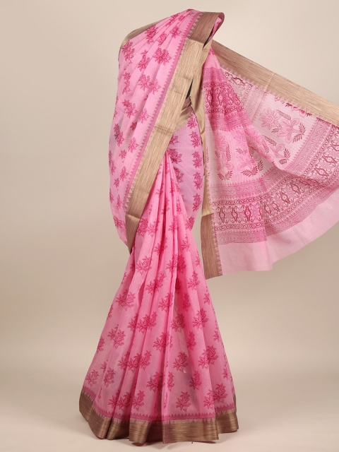 

Pothys Pink & Gold-Toned Floral Chanderi Saree