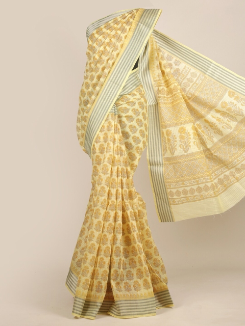 

Pothys Yellow & Grey Ethnic Motifs Zari Chanderi Saree