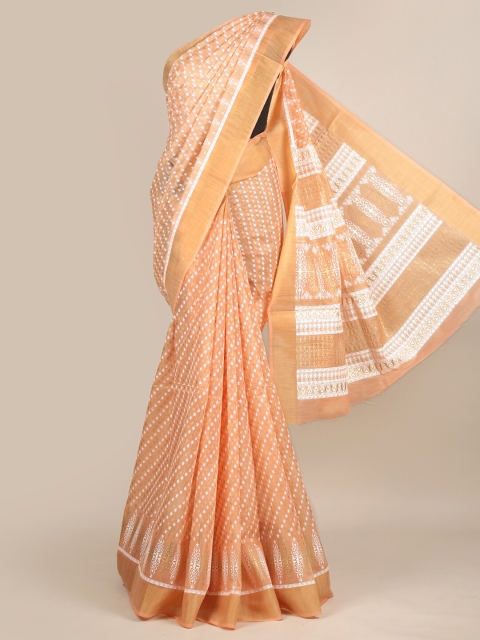 

Pothys Orange & White Floral Chanderi Saree
