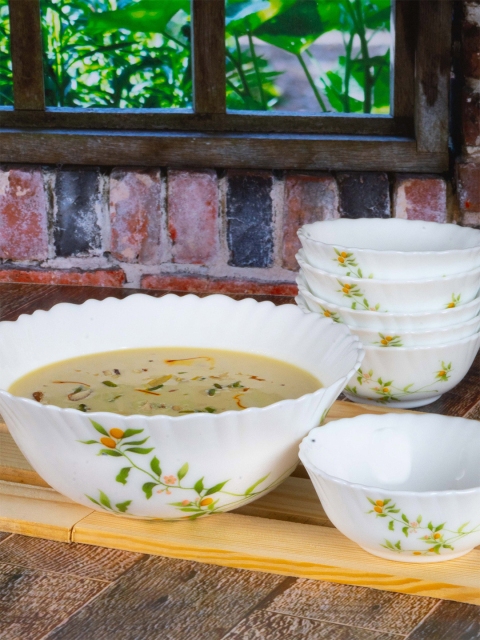 

Laopala White & Green 7 Pieces Floral Printed Opalware Glossy Bowls