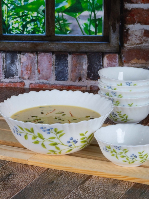 

Laopala White & Green 7 Pieces Floral Printed Opalware Glossy Bowls