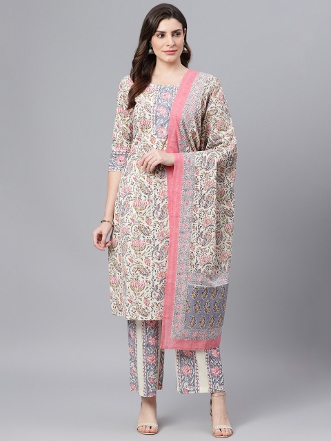 

Idalia Women Off White Ethnic Motifs Printed Pure Cotton Kurta with Palazzos & Dupatta