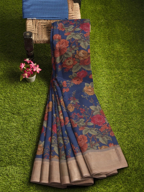 

KLM Fashion Mall Navy Blue & Maroon Floral Silk Blend Saree
