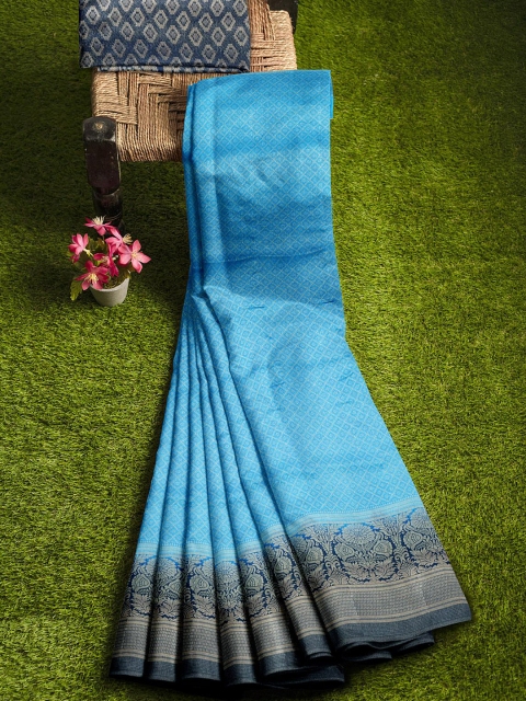 

KLM Fashion Mall Blue & Gold-Toned Woven Design Zari Silk Blend Banarasi Saree
