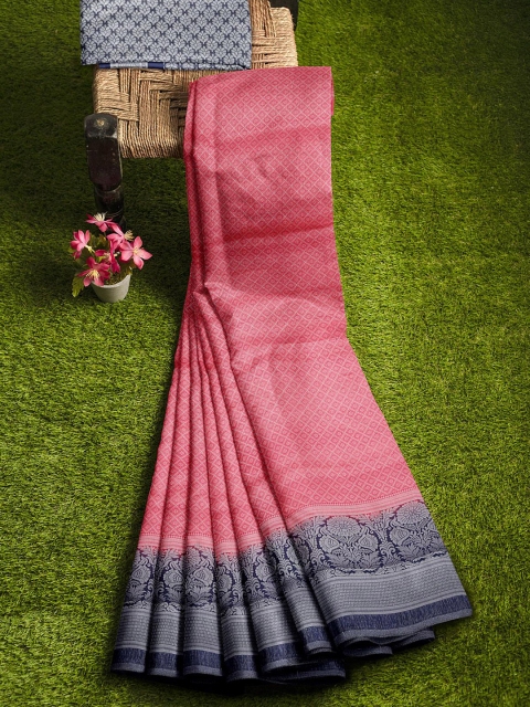 

KLM Fashion Mall Peach-Coloured & Navy Blue Woven Design Silk Blend Banarasi Saree