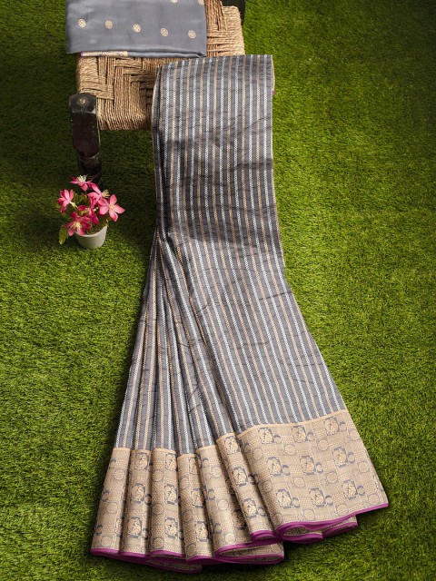 

KLM Fashion Mall Grey & Gold-Toned Woven Design Zari Silk Blend Banarasi Saree