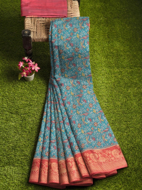 

KLM Fashion Mall Teal & Red Floral Silk Blend Saree