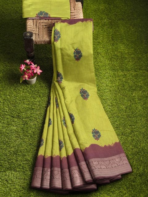 

KLM Fashion Mall Olive Green & Burgundy Floral Silk Blend Banarasi Saree
