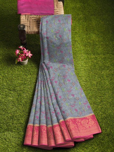

KLM Fashion Mall Grey & Pink Floral Zari Silk Blend Saree