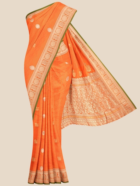 

KLM Fashion Mall Orange & Green Woven Design Zari Silk Blend Banarasi Saree
