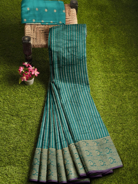 

KLM Fashion Mall Teal & Gold-Toned Woven Design Silk Blend Banarasi Saree