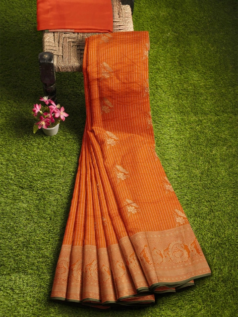 

KLM Fashion Mall Orange & Green Woven Design Zari Silk Blend Banarasi Saree