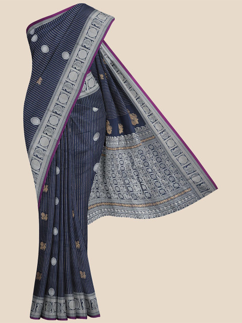

KLM Fashion Mall Navy Blue & Silver-Toned Woven Design Zari Silk Blend Banarasi Saree
