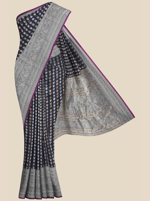 

KLM Fashion Mall Navy Blue & Silver-Toned Woven Design Silk Blend Banarasi Saree