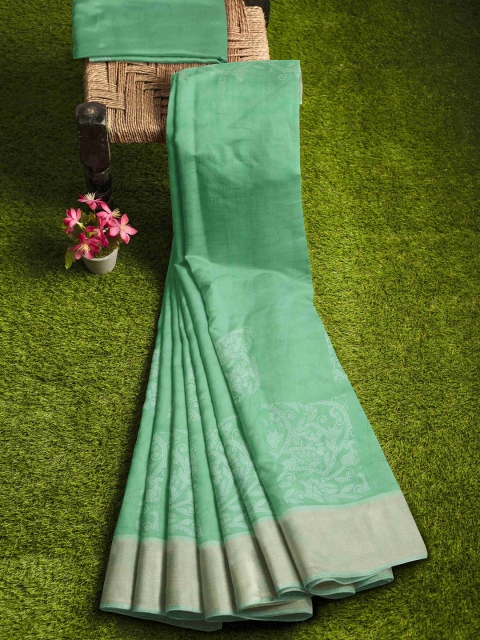 

KLM Fashion Mall Green & White Floral Silk Blend Saree