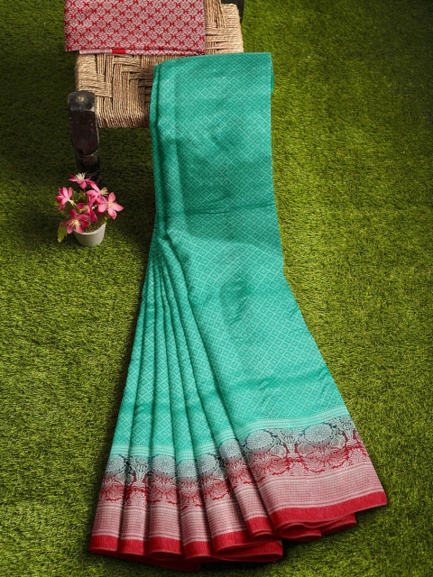 

KLM Fashion Mall Teal & Red Woven Design Silk Blend Banarasi Saree