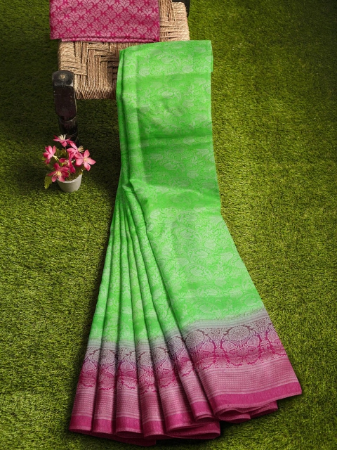 

KLM Fashion Mall Green & Pink Woven Design Zari Silk Blend Banarasi Saree