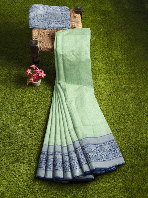 

KLM Fashion Mall Green & Blue Woven Design Silk Blend Banarasi Saree