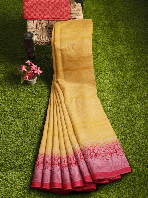 

KLM Fashion Mall Yellow & Red Woven Design Zari Silk Blend Banarasi Saree