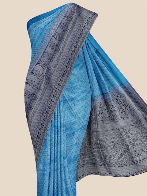 

KLM Fashion Mall Blue & Silver-Toned Woven Design Zari Silk Blend Banarasi Saree
