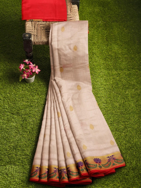 

KLM Fashion Mall Cream-Coloured & Red Woven Design Zari Silk Blend Banarasi Saree