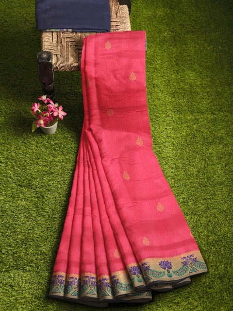 

KLM Fashion Mall Pink & Gold-Toned Woven Design Zari Silk Blend Banarasi Saree