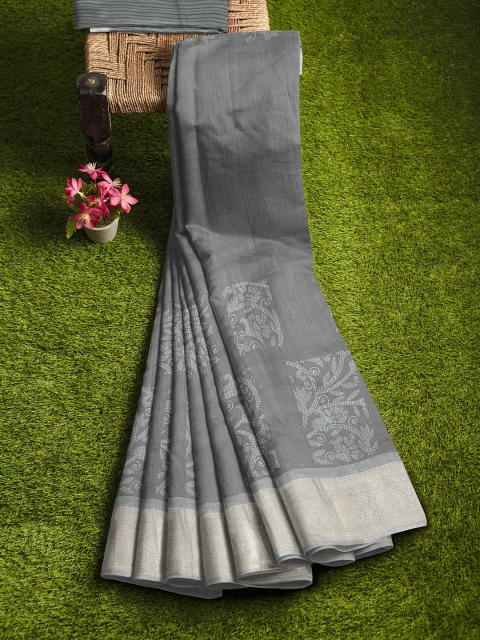 

KLM Fashion Mall Grey & White Floral Silk Blend Saree