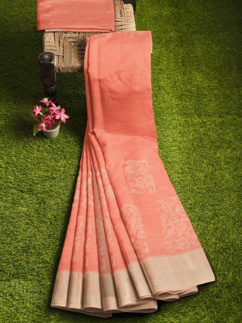 

KLM Fashion Mall Orange & Gold-Toned Floral Zari Silk Blend Saree