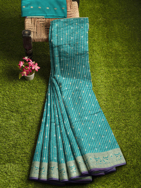 

KLM Fashion Mall Teal & Purple Woven Design Zari Silk Blend Banarasi Saree