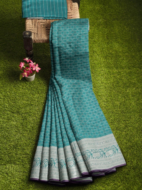 

KLM Fashion Mall Teal & White Woven Design Silk Blend Banarasi Saree