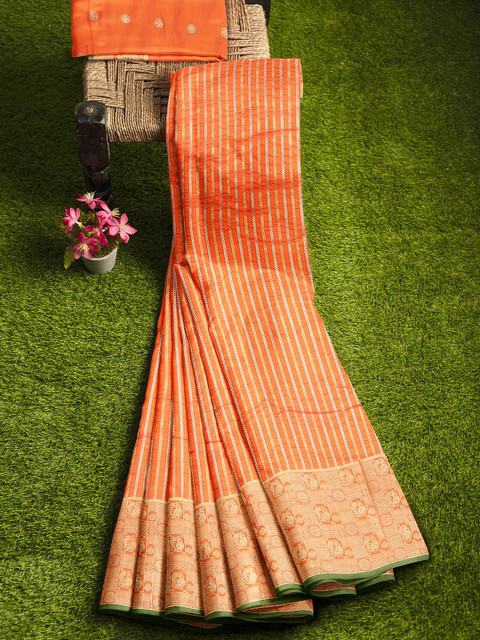 

KLM Fashion Mall Orange & Green Woven Design Zari Silk Blend Banarasi Saree