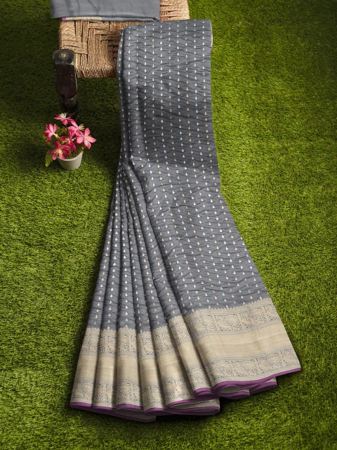 

KLM Fashion Mall Grey & Gold-Toned Woven Design Zari Silk Blend Banarasi Saree