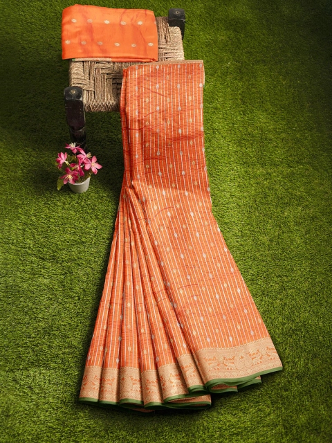 

KLM Fashion Mall Orange & Gold-Toned Woven Design Zari Silk Blend Banarasi Saree