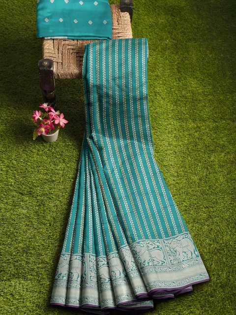 

KLM Fashion Mall Teal & Purple Woven Design Zari Silk Blend Banarasi Saree