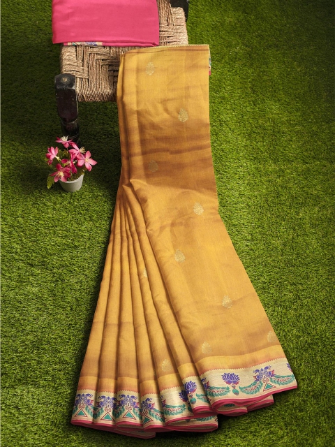 

KLM Fashion Mall Mustard & Pink Woven Design Zari Silk Blend Banarasi Saree