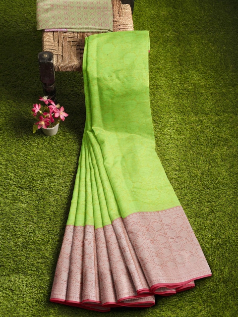 

KLM Fashion Mall Green & Silver-Toned Woven Design Zari Silk Blend Banarasi Saree