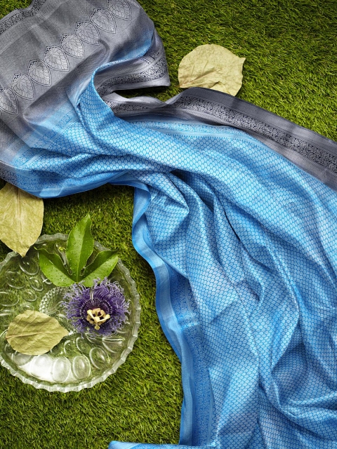 

KLM Fashion Mall Blue & Grey Woven Design Zari Silk Blend Banarasi Saree