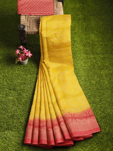 

KLM Fashion Mall Yellow & Red Woven Design Silk Blend Banarasi Saree