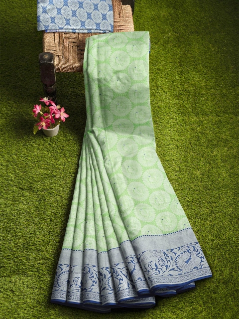 

KLM Fashion Mall Green & Blue Woven Design Zari Silk Blend Banarasi Saree